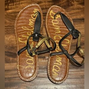 Sam Edelman Brown Croc-Embossed Sandals with Black and Gold Straps